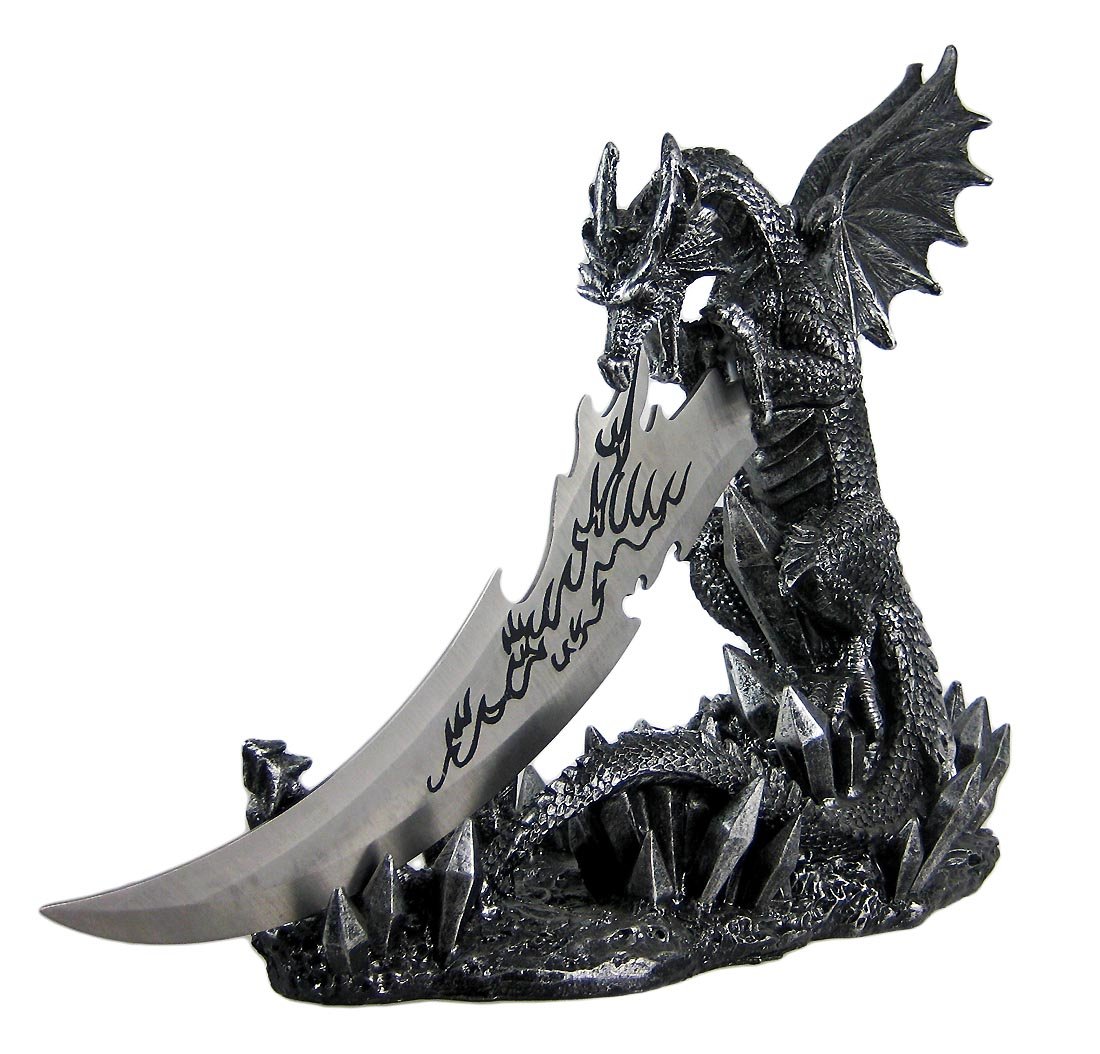 Wicked Fire Dragon Fantasy Letter Opener Knife Dagger and Holder Base,Polyresin