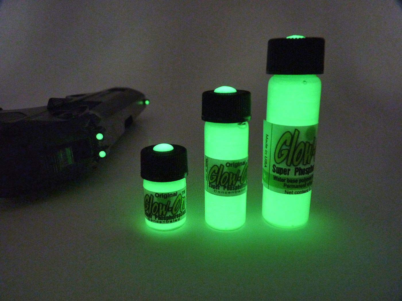 Glow-On Original, Original White Day Color and Green Glow. Gun Night Sights Paint, Small 2.3 ml vial. Concentrated Bright, Long Lasting Glow.