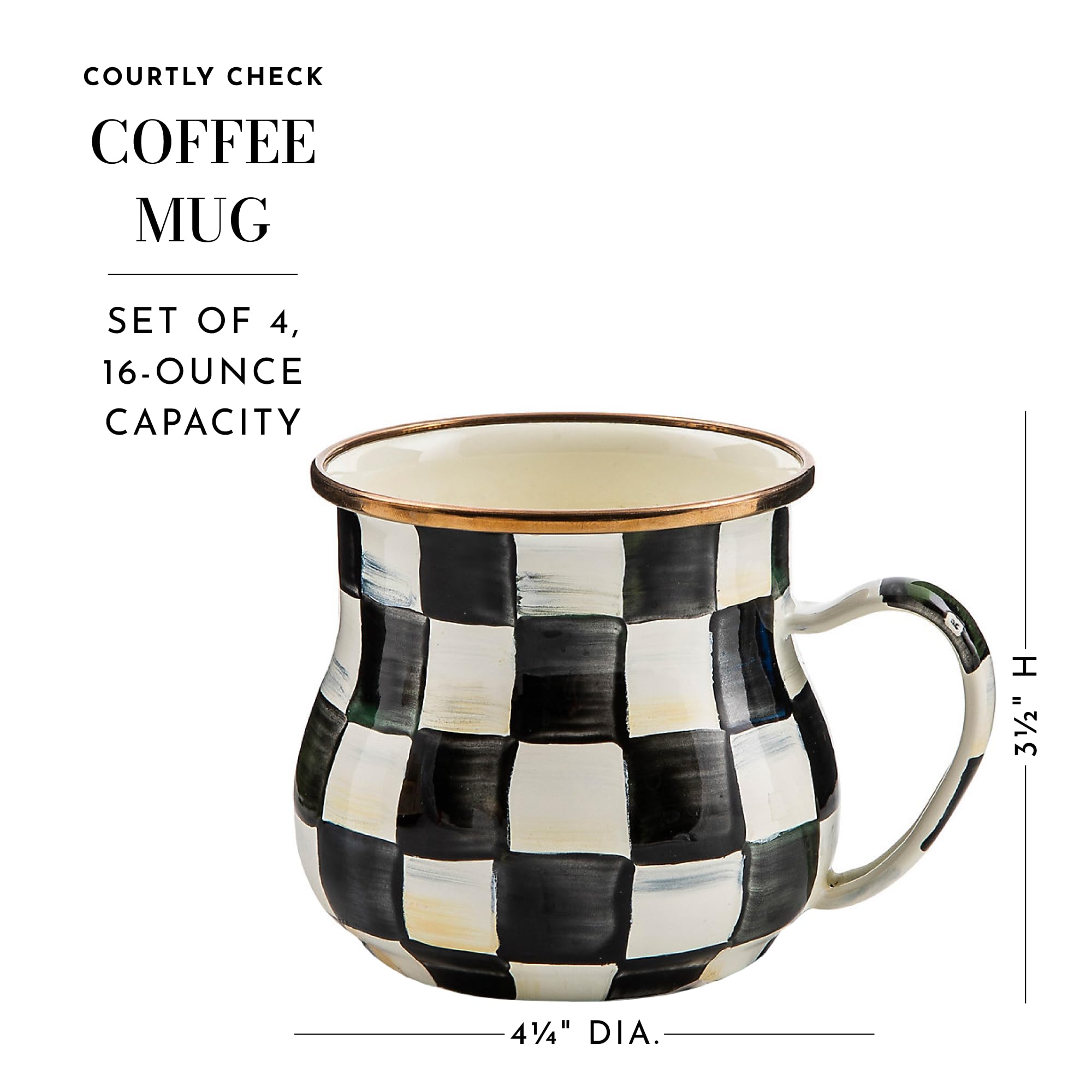 MACKENZIE-CHILDS Enamel Mug, Cute Enamelware Coffee and Tea Mug, Unique Drinkware, 16 Ounces, Black-and-White Courtly Check, Set of 1