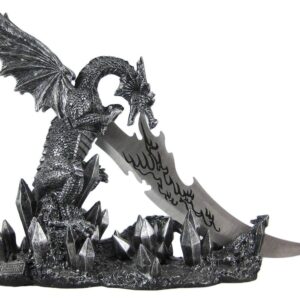 Wicked Fire Dragon Fantasy Letter Opener Knife Dagger and Holder Base,Polyresin