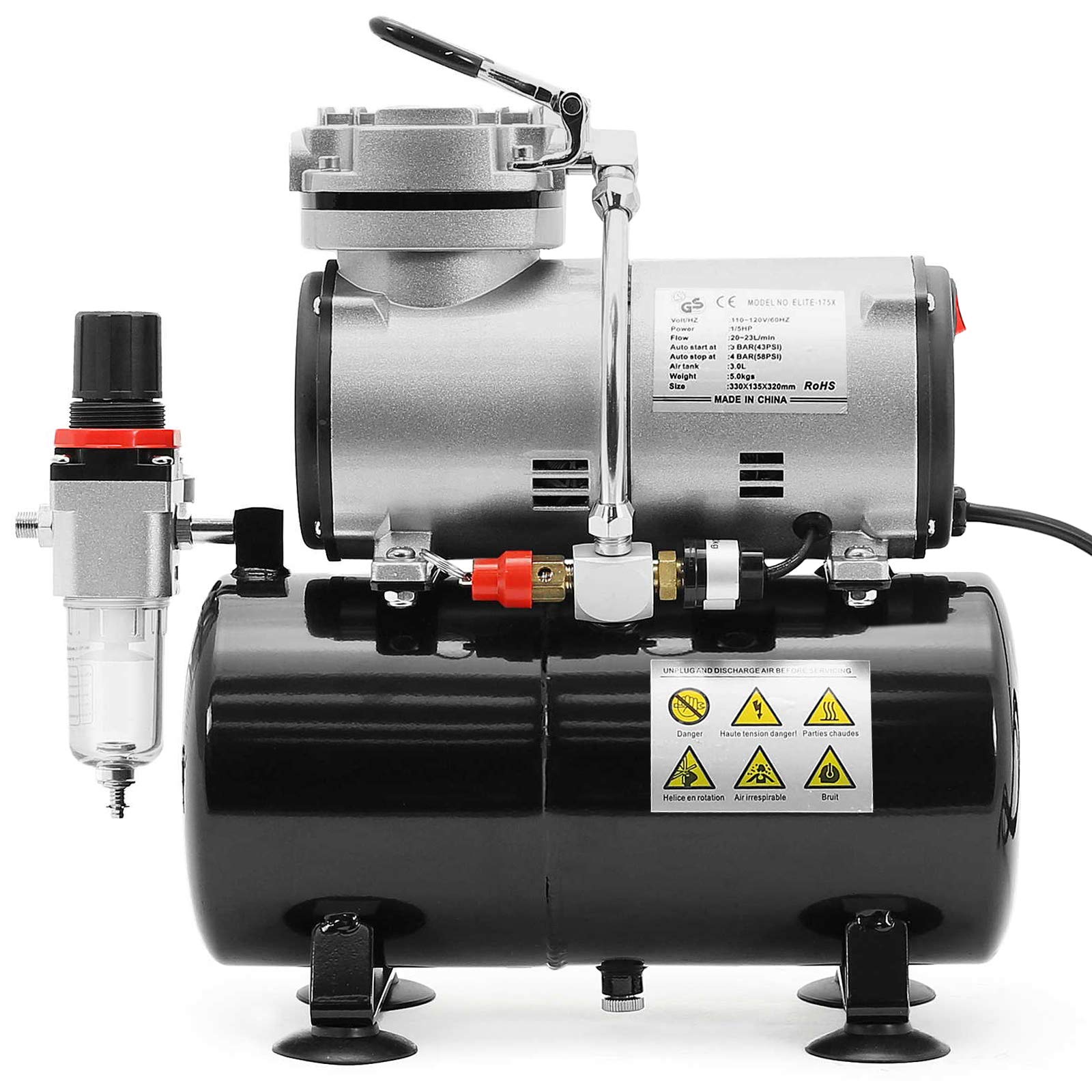 PointZero 1/5 HP Airbrush Compressor with Air Tank, Regulator, Gauge and Water Trap - Quiet Portable Pump