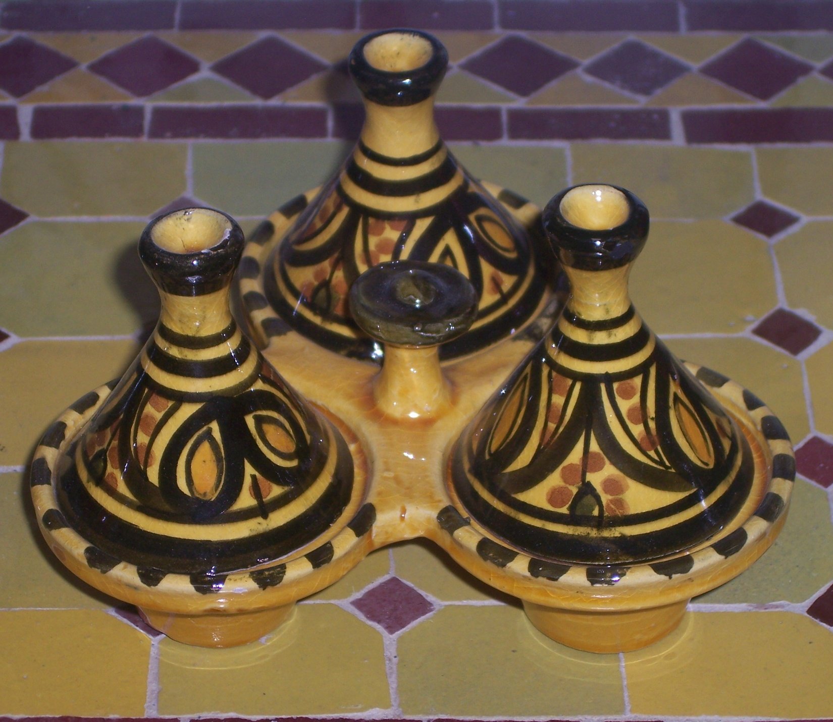 Handmade Moroccan Ceramic Triple Tagine Yellow Spice Holder