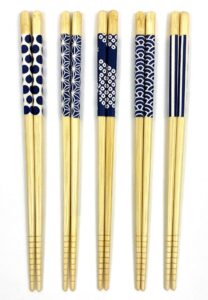 japanbargain, bamboo chopsticks reusable japanese chinese korean chopsticks set wood chop sticks hair sticks 5 pair gift set dishwasher safe, 9 inch (1, ivory/blue)