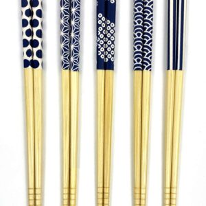 JapanBargain, Bamboo Chopsticks Reusable Japanese Chinese Korean Chopsticks Set Wood Chop Sticks Hair Sticks 5 Pair Gift Set Dishwasher Safe, 9 inch (1, Ivory/Blue)