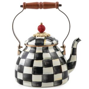 mackenzie-childs enamel tea kettle, stylish tea kettle for stovetop, black-and-white courtly check, 2 quarts