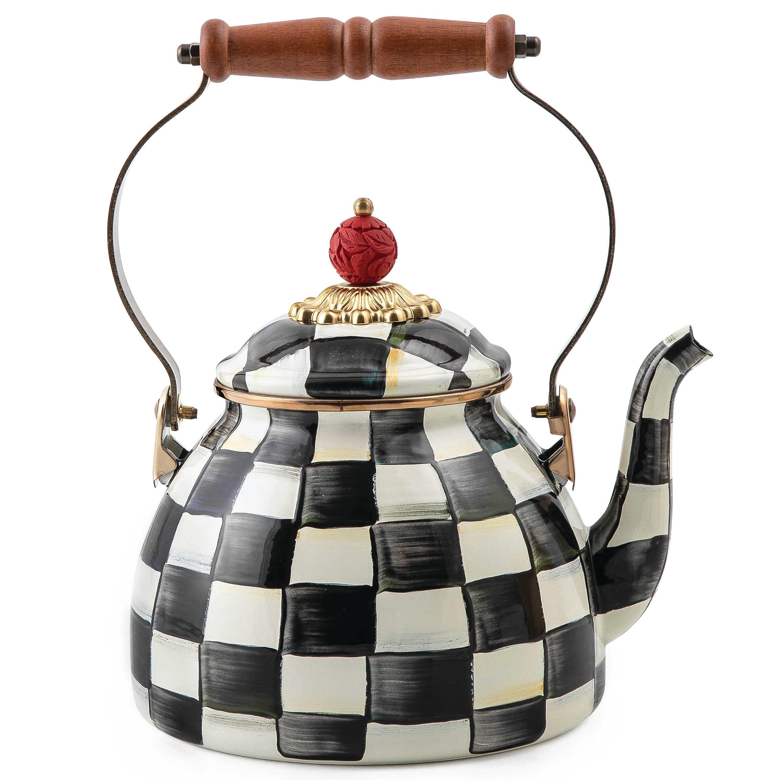 MACKENZIE-CHILDS Enamel Tea Kettle, Stylish Tea Kettle for Stovetop, Black-and-White Courtly Check, 2 Quarts