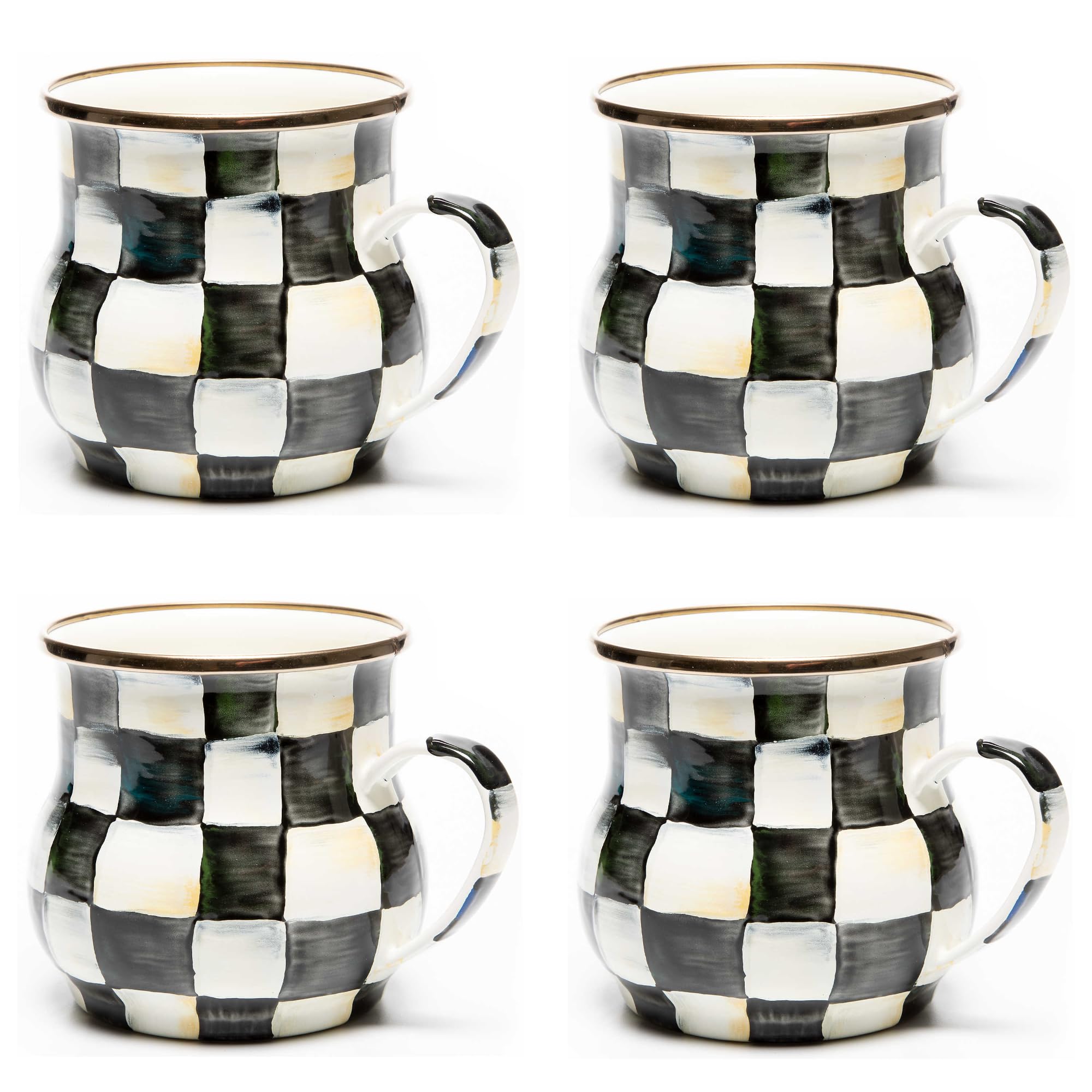 MACKENZIE-CHILDS Enamel Mug, Cute Enamelware Coffee and Tea Mug, Unique Drinkware, 16 Ounces, Black-and-White Courtly Check, Set of 1