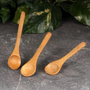 BambooMN Bamboo Serving Spoons, Mini Salt Sugar Spoon, Tiny Wooden Spoons for Spices, Carbonized Brown Round Head 4.3", 10 Pieces