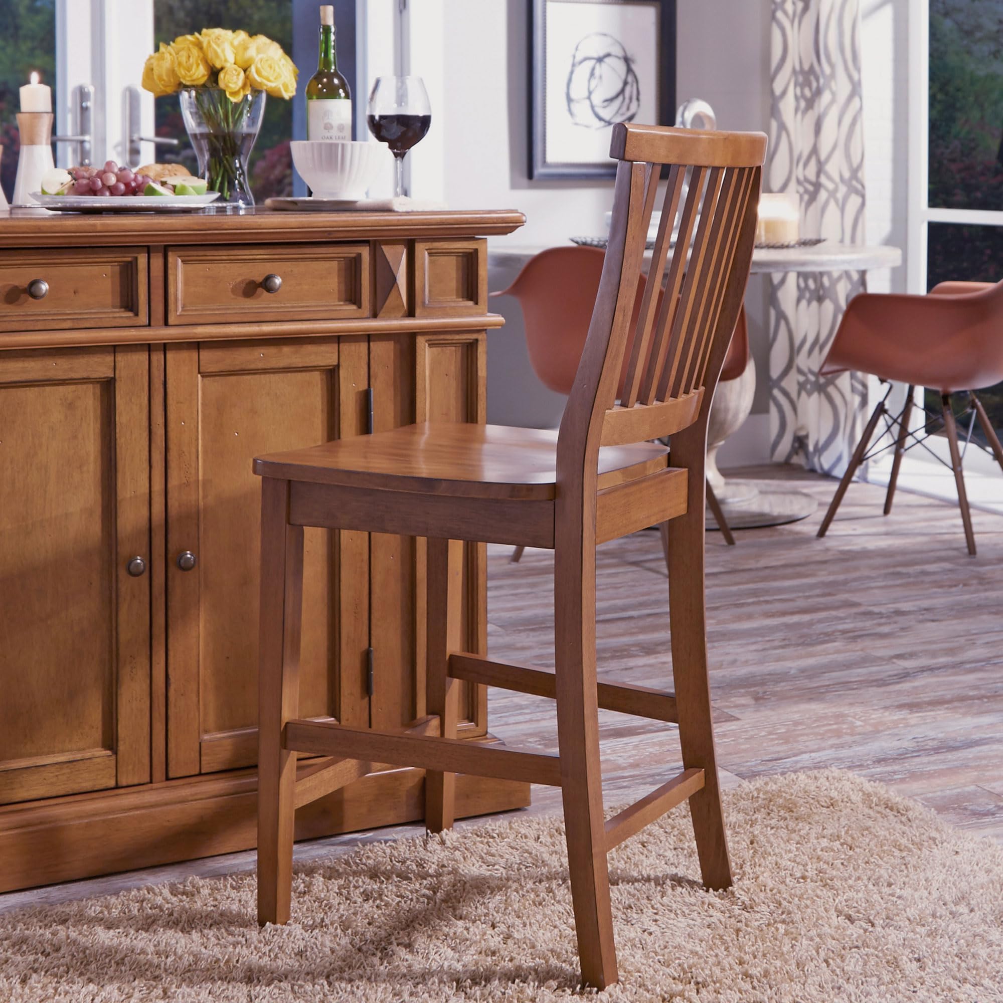 Home Styles Wood Counter Stool with Slat Backs In Rich Oak Finish