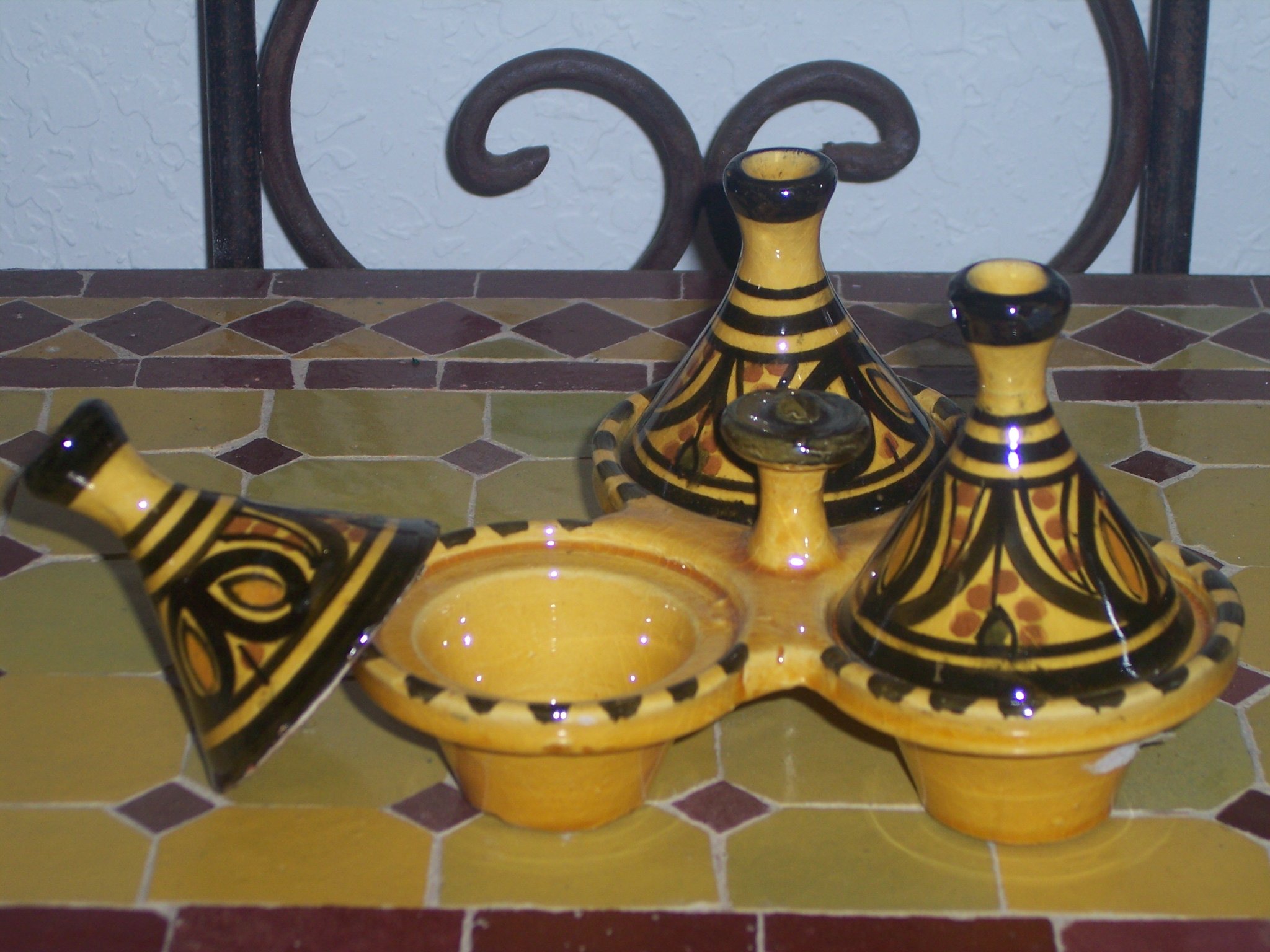 Handmade Moroccan Ceramic Triple Tagine Yellow Spice Holder