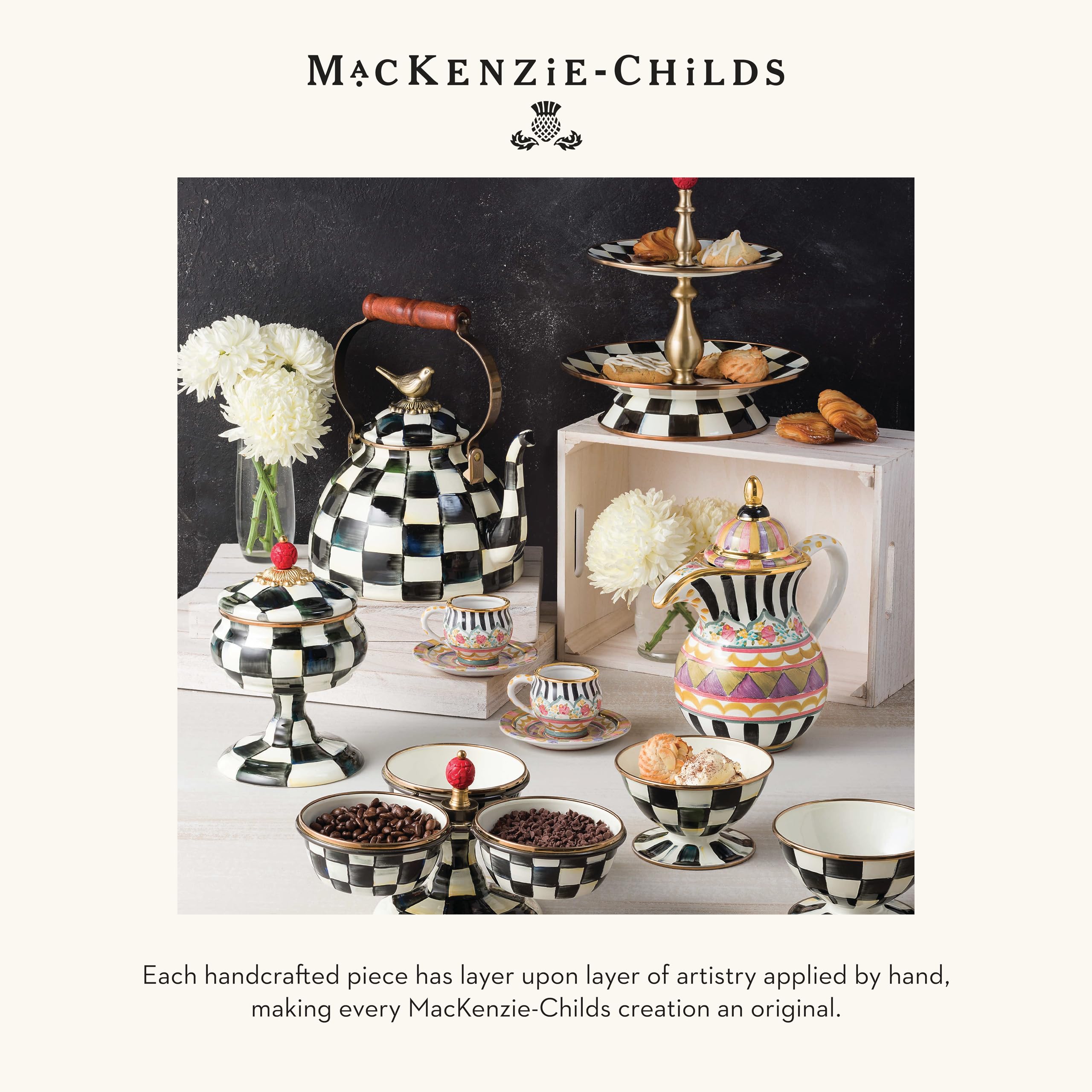 MACKENZIE-CHILDS Enamel Tea Kettle, Stylish Tea Kettle for Stovetop, Black-and-White Courtly Check, 2 Quarts