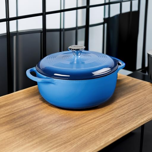 Lodge 4.5 Quart Enameled Cast Iron Dutch Oven with Lid – Dual Handles – Oven Safe up to 500° F or on Stovetop - Use to Marinate, Cook, Bake, Refrigerate and Serve – Caribbean Blue