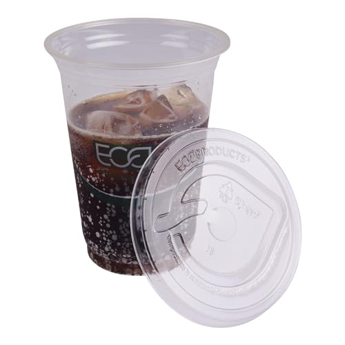 Eco-Products GreenStripe Compostable Plastic Cup Flat Lids, Case of 1000, Perforated Straw Hole, Fits 9-24oz Cups, Made From PLA Renewable Plant Based Plastic, Clear For Visibility