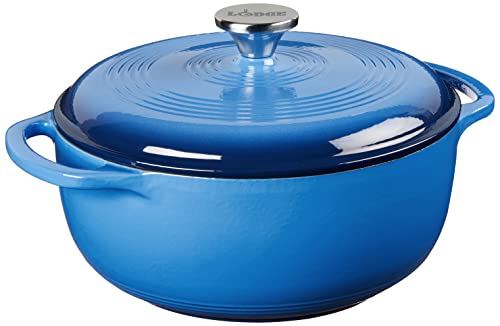 Lodge 4.5 Quart Enameled Cast Iron Dutch Oven with Lid – Dual Handles – Oven Safe up to 500° F or on Stovetop - Use to Marinate, Cook, Bake, Refrigerate and Serve – Caribbean Blue