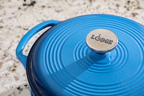 Lodge 4.5 Quart Enameled Cast Iron Dutch Oven with Lid – Dual Handles – Oven Safe up to 500° F or on Stovetop - Use to Marinate, Cook, Bake, Refrigerate and Serve – Caribbean Blue