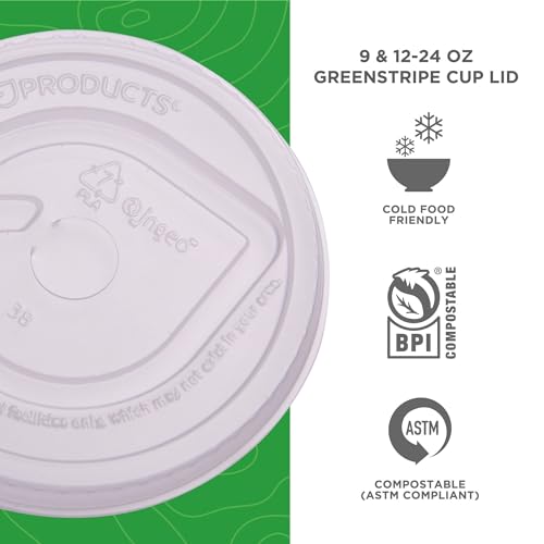 Eco-Products GreenStripe Compostable Plastic Cup Flat Lids, Case of 1000, Perforated Straw Hole, Fits 9-24oz Cups, Made From PLA Renewable Plant Based Plastic, Clear For Visibility