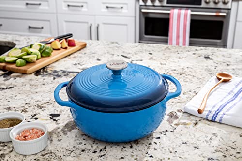 Lodge 4.5 Quart Enameled Cast Iron Dutch Oven with Lid – Dual Handles – Oven Safe up to 500° F or on Stovetop - Use to Marinate, Cook, Bake, Refrigerate and Serve – Caribbean Blue