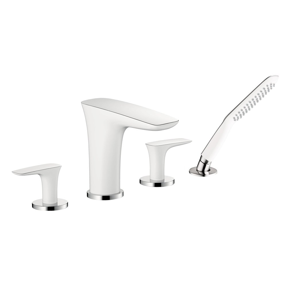 hansgrohe PuraVida Avantgarde 2-Handle 19-inch Wide Roman Tub Filler Freestanding Bathtub Faucetand Shower Set in White/Chrome, 15446401