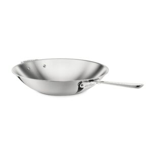 all-clad d3 3-ply stainless steel wok 14-inch, induction compatible, oven broiler safe 600f, stir-fry pan, fast and even heat, cookware, frying pan, kitchen essential, pots and pans, silver