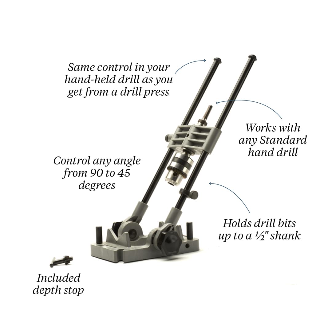 Kings County Tool Portable Drill Guide Jig | Convert Hand Drill to Drill Press | Bore Up To 45-Degree Angles | 3/8-Inch Shaft and Chuck | 5-Degree Increments | Depth Stop Included