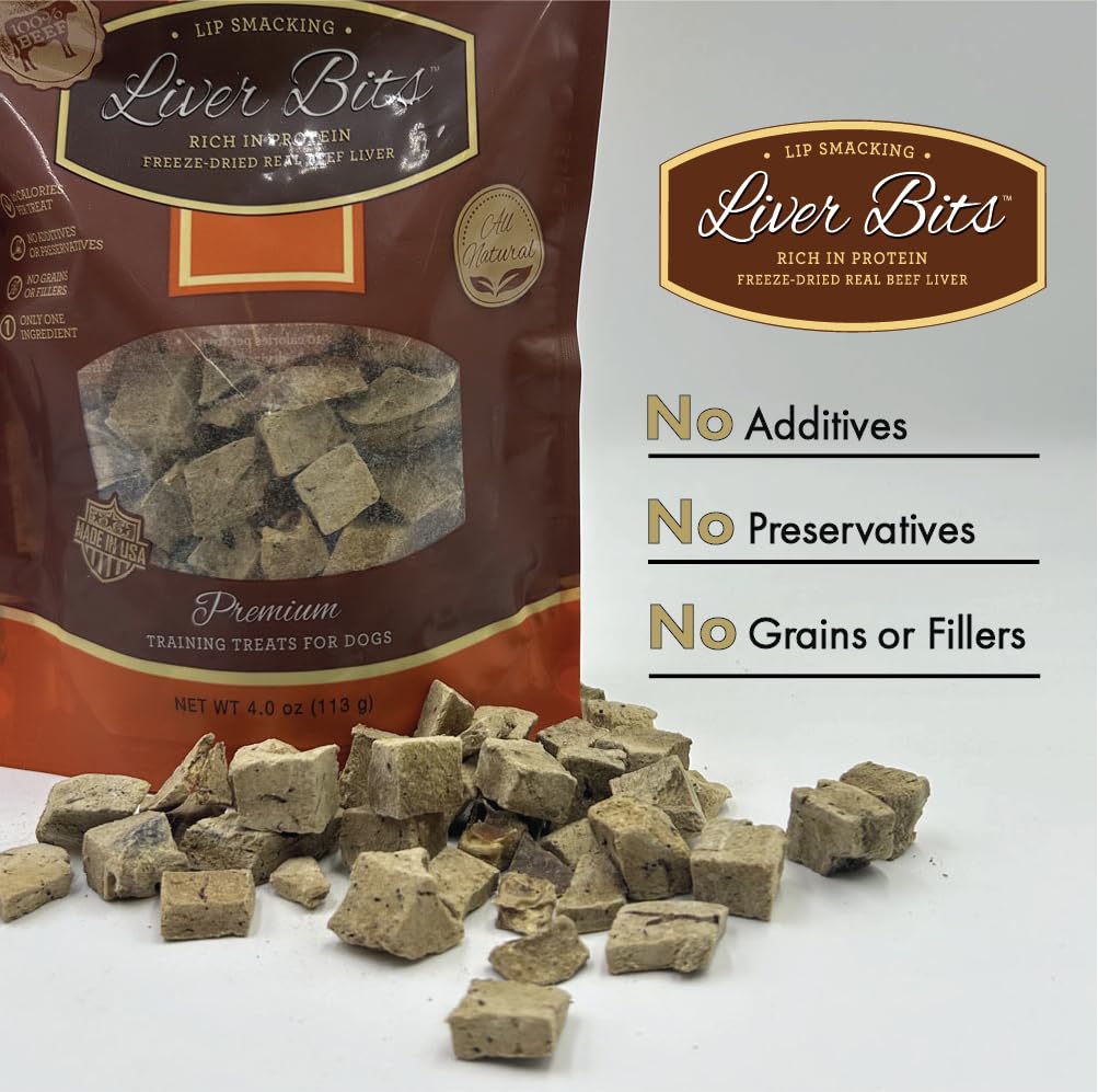 Liver Bits Treats for Dogs - Freeze Dried Training Treats - 100% Natural Raw Beef Liver - High in Protein 4 oz