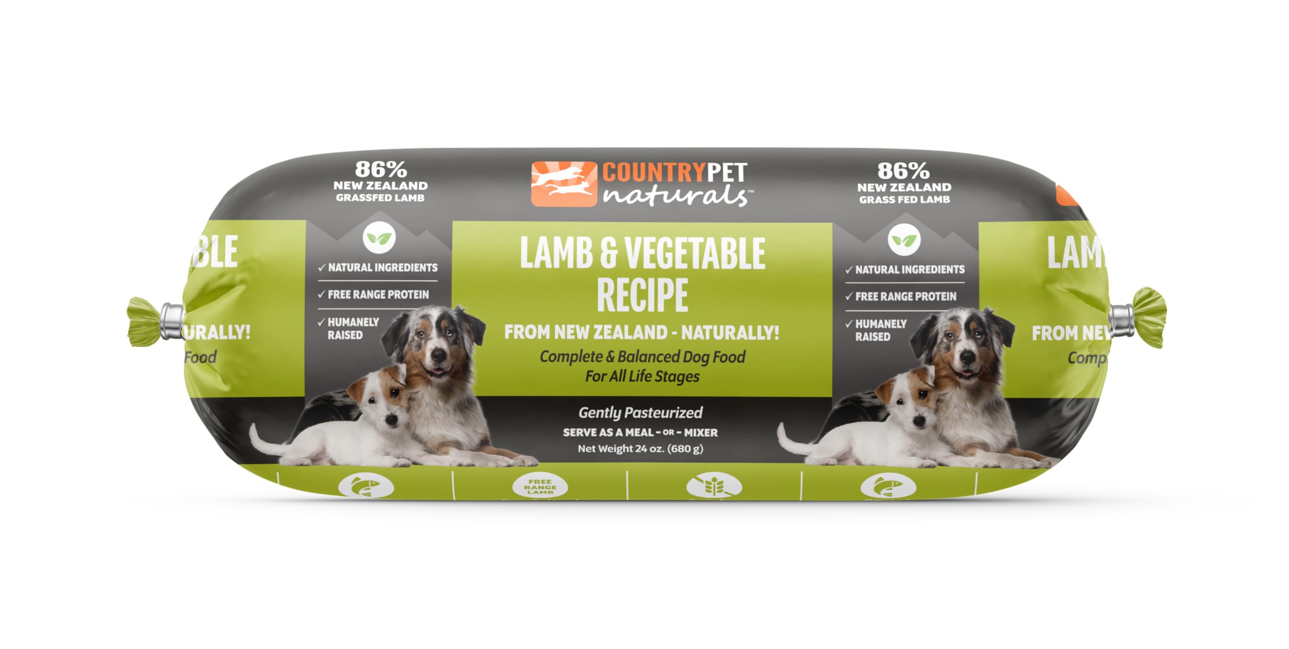 CountryPet Naturals Lamb & Vegetable Recipe - Premium New Zealand Frozen Dog Food Rolls | Pasture-Raised, Free-Range | Gently Pasteurized | All Life Stages | 24 oz. Pack of 16