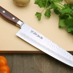 Yoshihiro VG10 16 Layer Hammered Damascus Stainless Steel Gyuto 8.25'' (210mm) Japanese Chefs Knife & Petty Utility Knife 5.3'' (135mm) SET