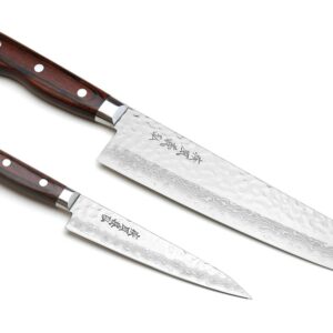 Yoshihiro VG10 16 Layer Hammered Damascus Stainless Steel Gyuto 8.25'' (210mm) Japanese Chefs Knife & Petty Utility Knife 5.3'' (135mm) SET