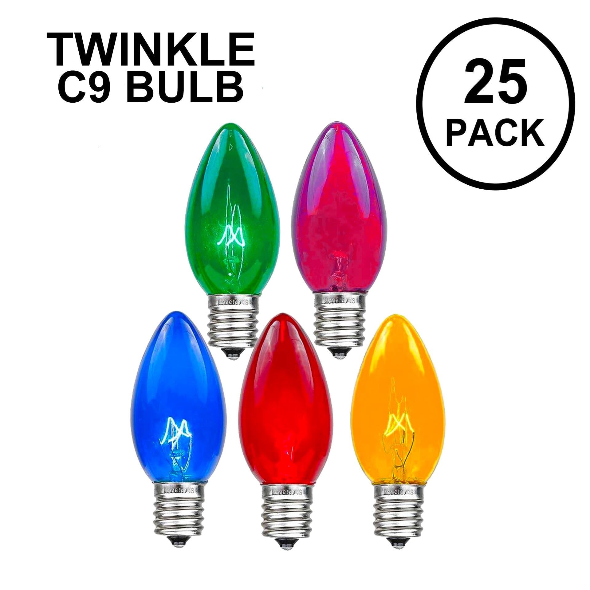 Novelty Lights 25 Pack C9 Twinkle Outdoor Christmas Replacement Bulbs, Multi, E17/C9 Intermediate Base, 7 Watt…