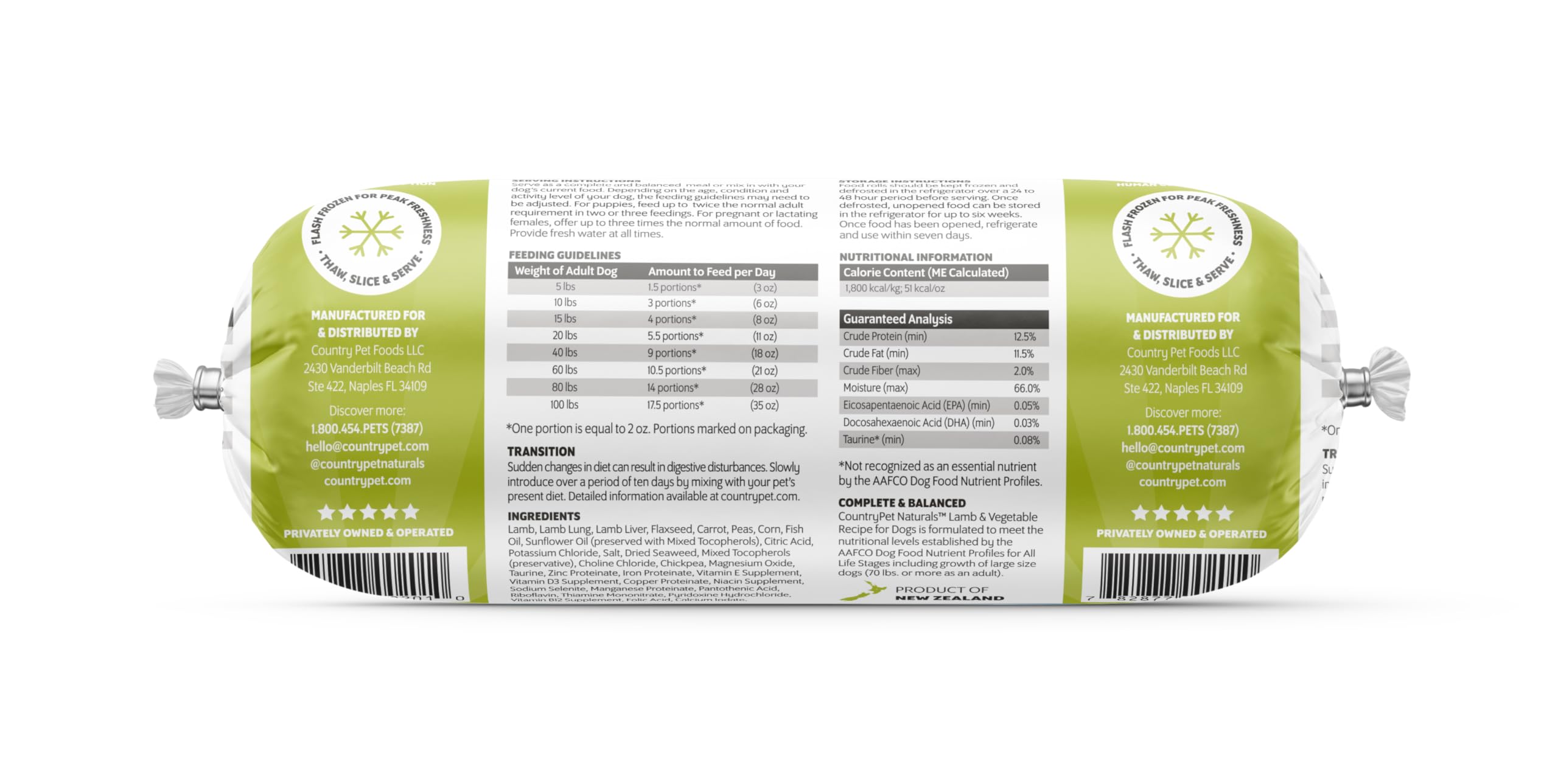 CountryPet Naturals Lamb & Vegetable Recipe - Premium New Zealand Frozen Dog Food Rolls | Pasture-Raised, Free-Range | Gently Pasteurized | All Life Stages | 24 oz. Pack of 16