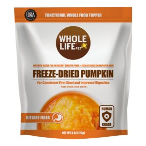 whole life pet pumpkin powder for dogs and cats. firms stool, relieves diarrhea. mix with water for instant puree. no mess or waste from cans. human grade quality