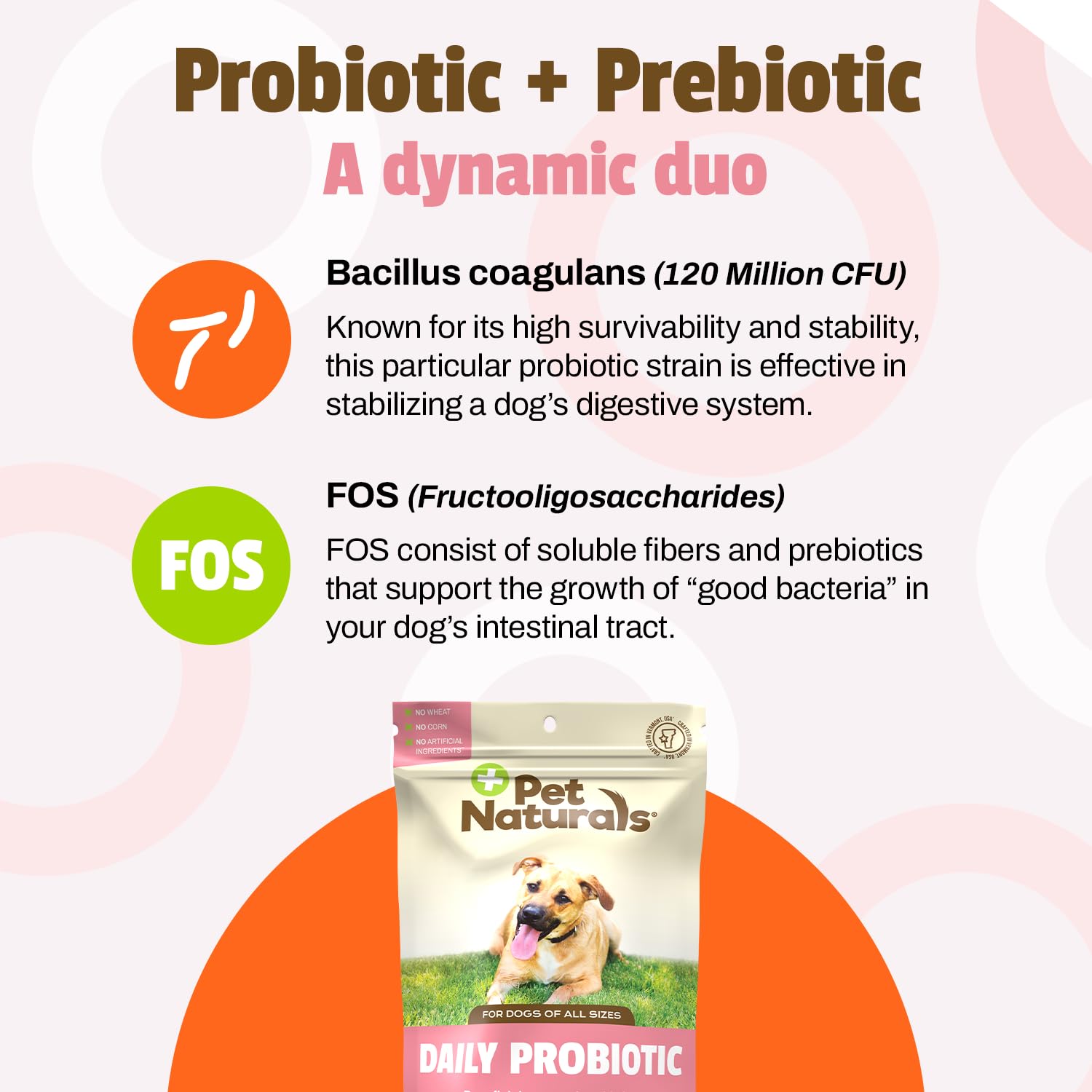 Pet Naturals Daily Probiotic for Dogs, 120M CFUs - Pre and Probiotics for Dogs Digestive Health, Gut Health, Immune Support, Diarrhea, Allergies and Itching - 60 Chews, Duck Flavor