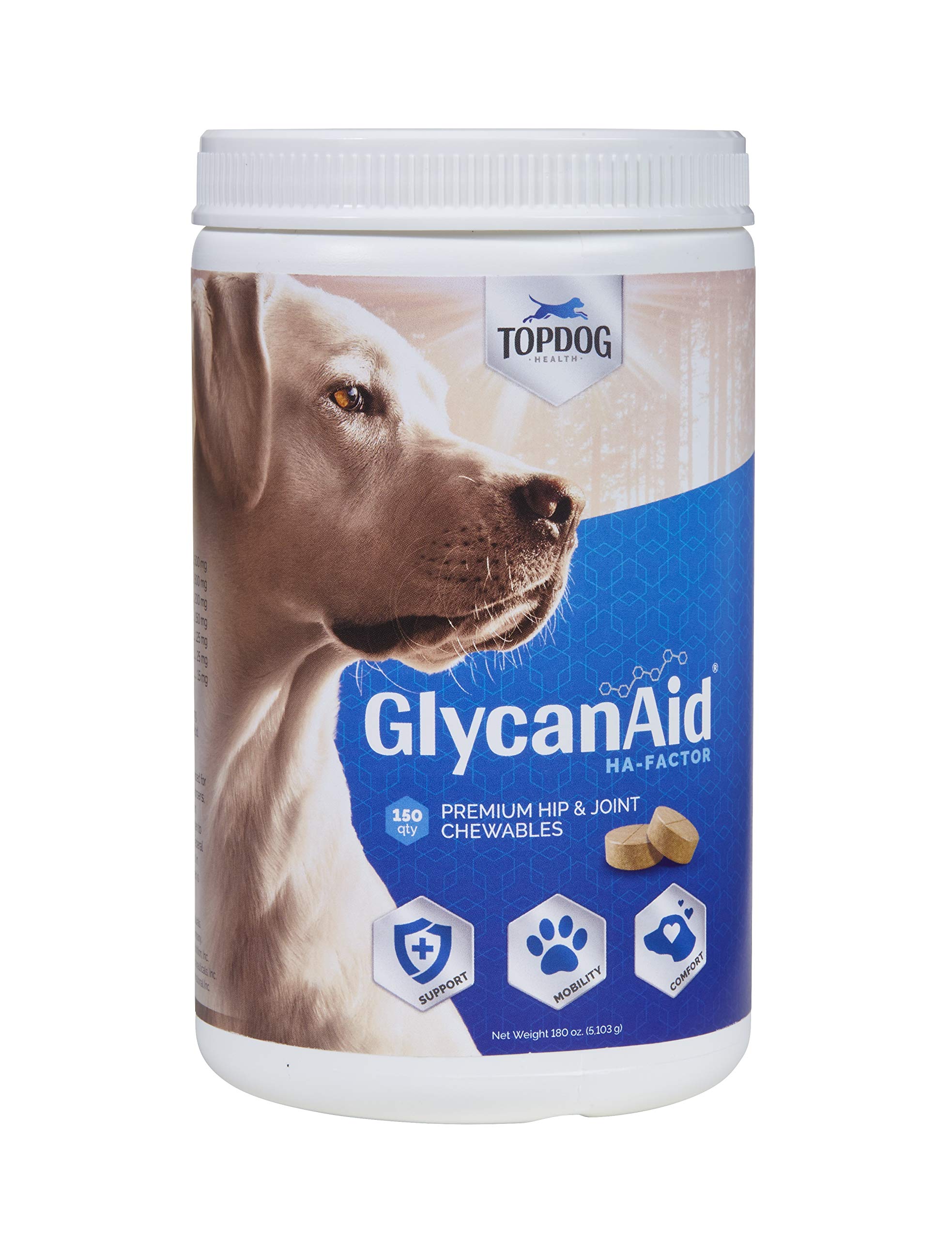 TopDog Health GlycanAid HA Advanced Joint Nutrition for Dogs (150 Chewable Tablets) Made in USA with USA Ingredients: Glucosamine HCL, Chondroitin, Hyaluronic Acid, MSM