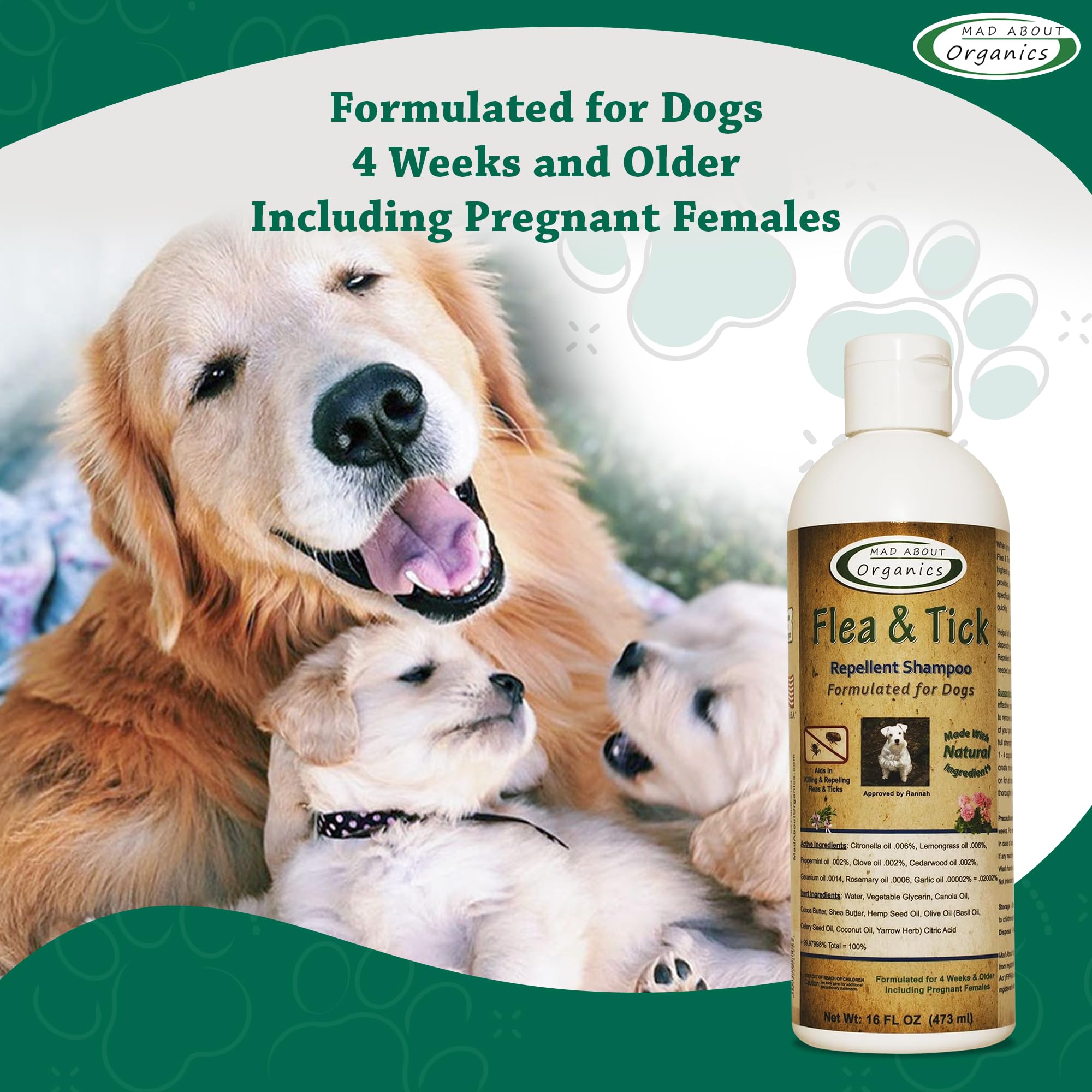 Mad About Organics Flea & Tick Protection Shampoo for Dogs – Formulated to Deter Bugs – Gentle for Puppies 4 Weeks & Older and Suitable for Pregnant Dogs – pH Balanced for Regular Use, 16 FL OZ