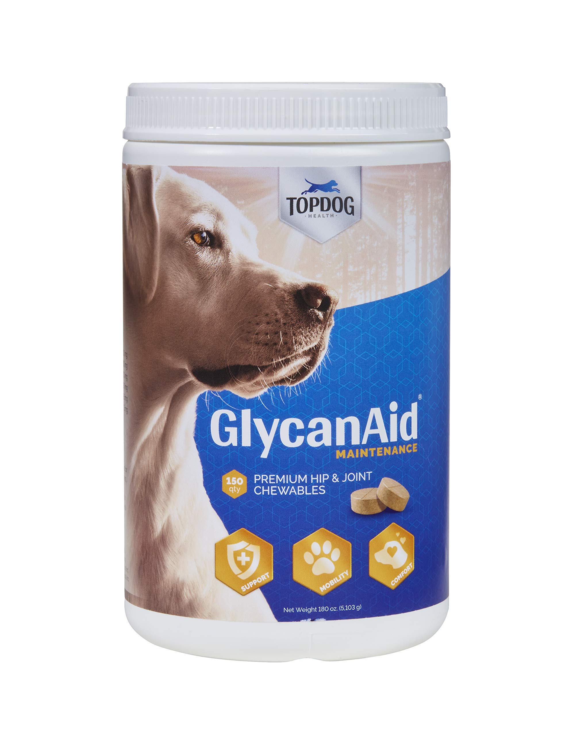 TopDog Health GlycanAid Maintenance Joint Nutrition for Dogs (150 Chewable Tablets), Made in USA-USA Ingredients: Glucosamine HCL, Chondroitin Sulfate, MSM & Vitamin C