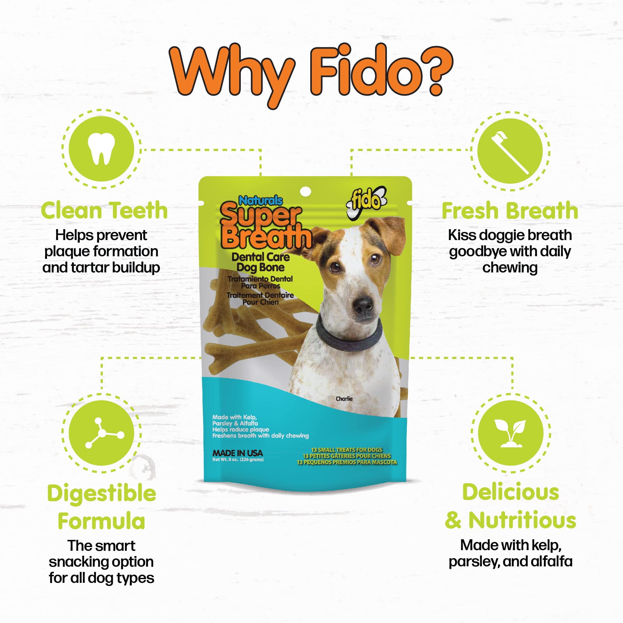 Fido Super Breath Dental Care Bones for Dogs - 13 Count Small Dog Dental Treats for Small Dogs (Made in USA) - Tasty Dog Dental Chews Help Reduce Plaque, Tartar Buildup, and Freshens Breath