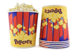 snappy red and blue popcorn tub, 130 oz popcorn container, 300 count