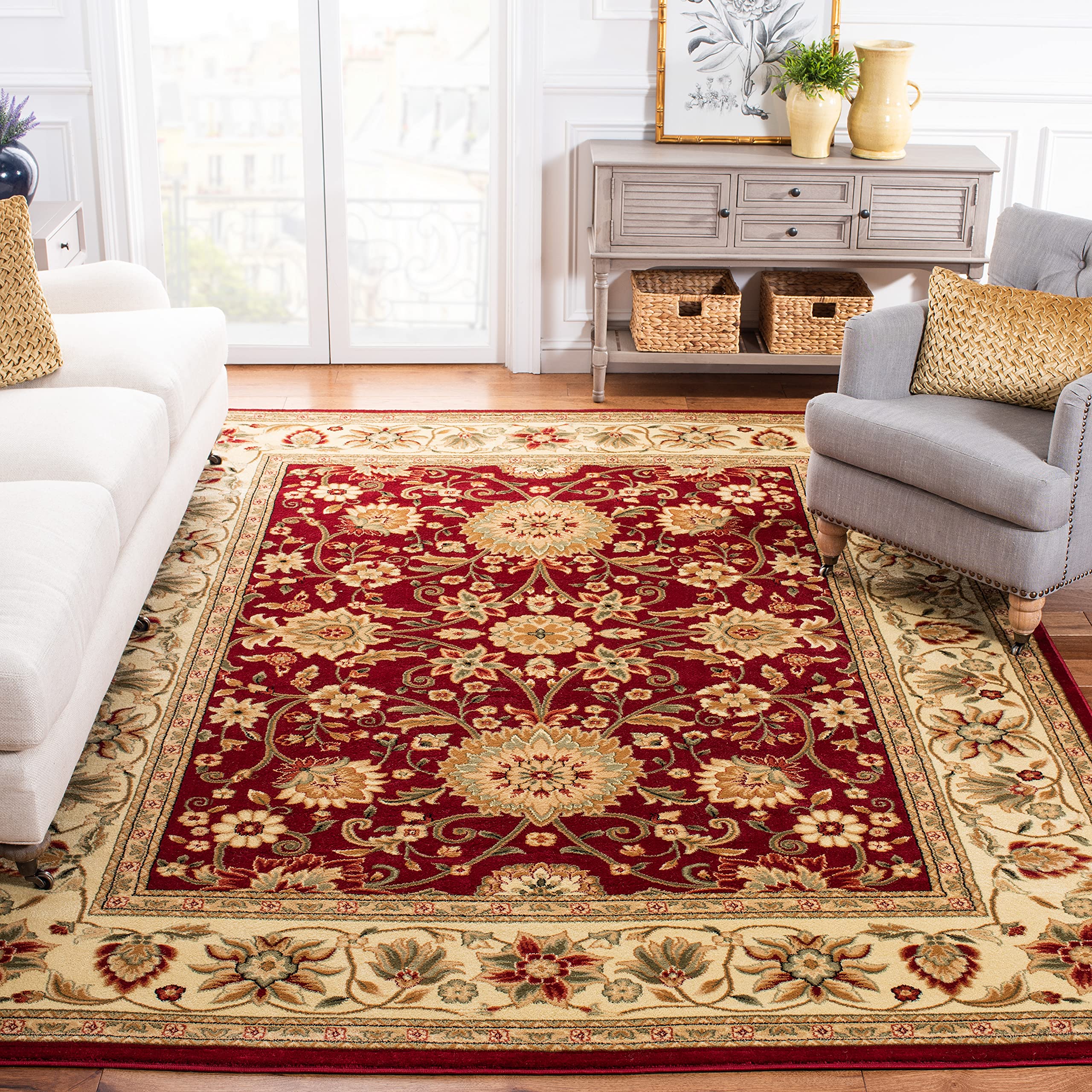 SAFAVIEH Lyndhurst Collection Area Rug - 9' x 12', Red & Ivory, Traditional Oriental Design, Non-Shedding & Easy Care, Ideal for High Traffic Areas in Living Room, Bedroom (LNH212F)