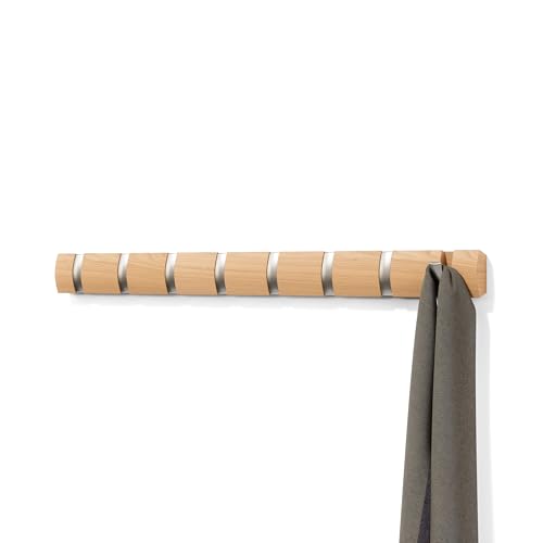 Umbra Flip Wall-Mounted Coat Rack Rail Hook for Hats, Jackets, Bags and More – Modern, Space-Saving Storage Organizer for Entryway, Mudroom, Closet, Bathroom, Bedroom, Kids Room, or Nursery, 8 Hooks, Natural/Nickel