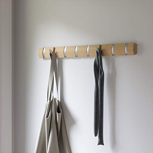 Umbra Flip Wall-Mounted Coat Rack Rail Hook for Hats, Jackets, Bags and More – Modern, Space-Saving Storage Organizer for Entryway, Mudroom, Closet, Bathroom, Bedroom, Kids Room, or Nursery, 8 Hooks, Natural/Nickel