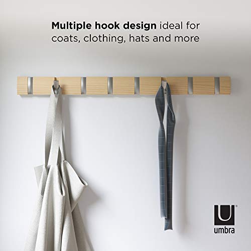 Umbra Flip Wall-Mounted Coat Rack Rail Hook for Hats, Jackets, Bags and More – Modern, Space-Saving Storage Organizer for Entryway, Mudroom, Closet, Bathroom, Bedroom, Kids Room, or Nursery, 8 Hooks, Natural/Nickel