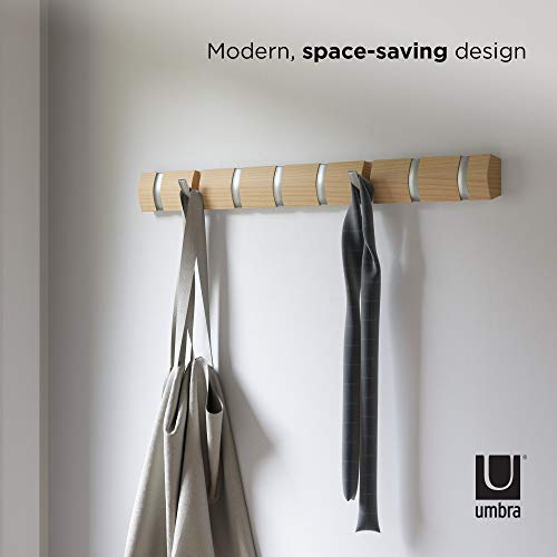 Umbra Flip Wall-Mounted Coat Rack Rail Hook for Hats, Jackets, Bags and More – Modern, Space-Saving Storage Organizer for Entryway, Mudroom, Closet, Bathroom, Bedroom, Kids Room, or Nursery, 8 Hooks, Natural/Nickel