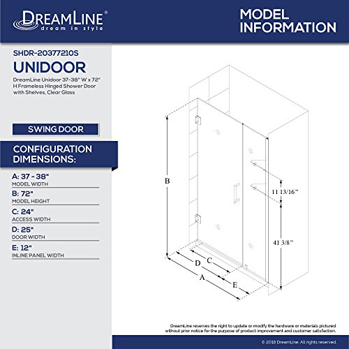 DreamLine Unidoor 37-38 in. W x 72 in. H Frameless Hinged Shower Door with Shelves in Brushed Nickel, SHDR-20377210S-04