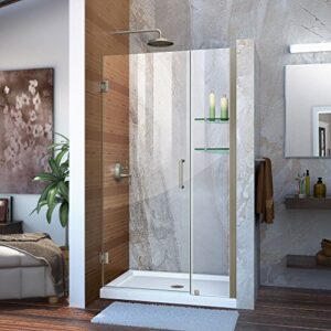 dreamline unidoor 37-38 in. w x 72 in. h frameless hinged shower door with shelves in brushed nickel, shdr-20377210s-04