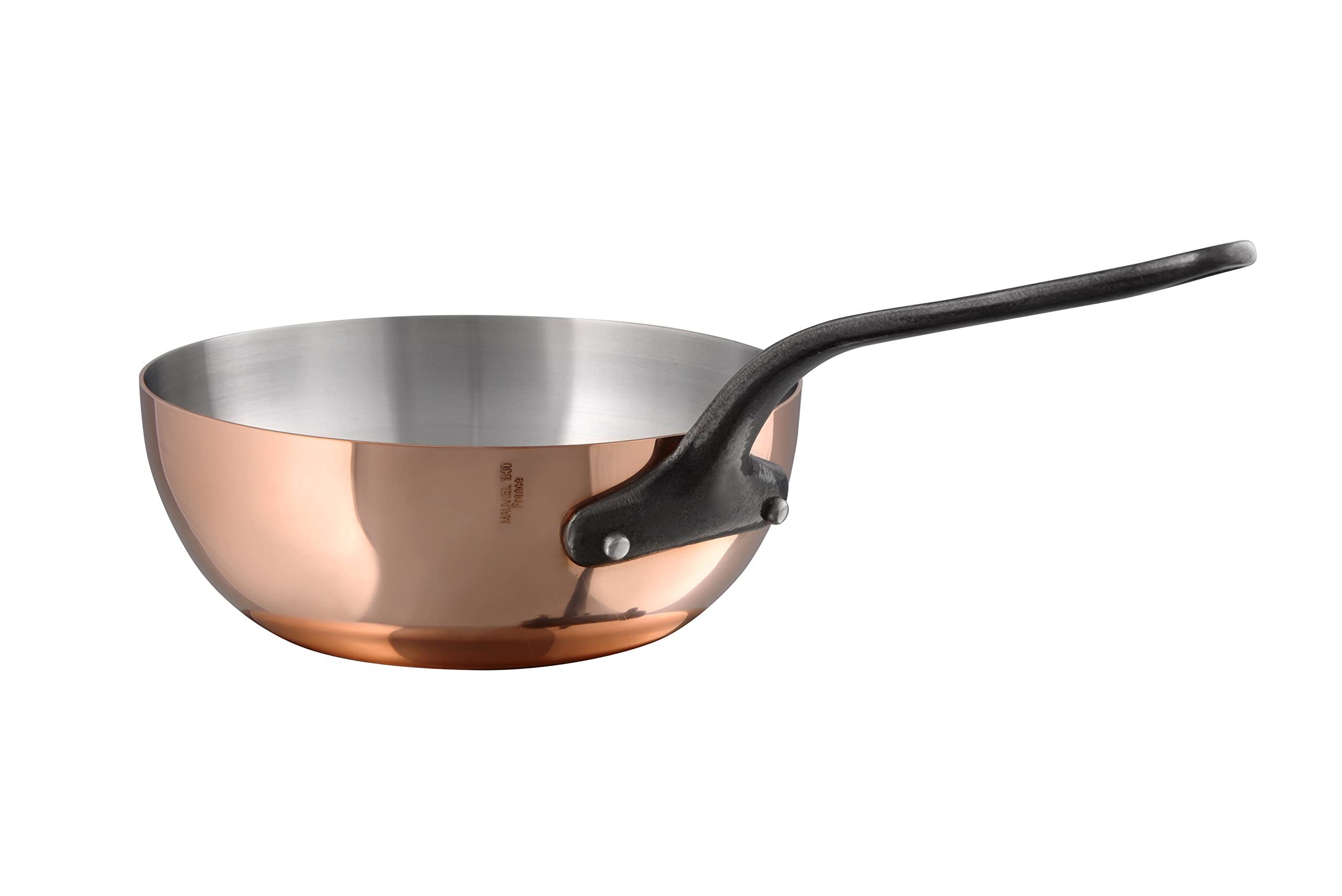 Mauviel M'Heritage M150CI 1.5mm Polished Copper & Stainless Steel Splayed Curved Saute Pan With Cast Iron Handles, 2.1-qt, Made in France