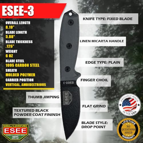 ESEE Knives Model 3P-B Fixed Blade Knife, Black Molded Polymer Sheath, Ambidextrous Belt Clip Plate