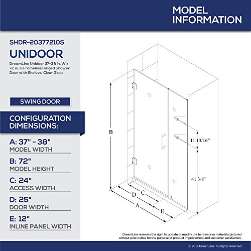 DreamLine Unidoor 37-38 in. W x 72 in. H Frameless Hinged Shower Door with Shelves in Brushed Nickel, SHDR-20377210S-04