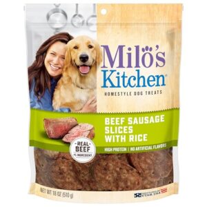 milo's kitchen homestyle dog treats, beef sausage slices, 18 ounce, high protein, no artificial flavors