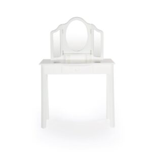 Guidecraft Classic White Vanity and Stool Set for Kids Age 3-8, Pretend Play Vanity with Mirrors for Girls, Wooden Makeup Table with Storage Drawer