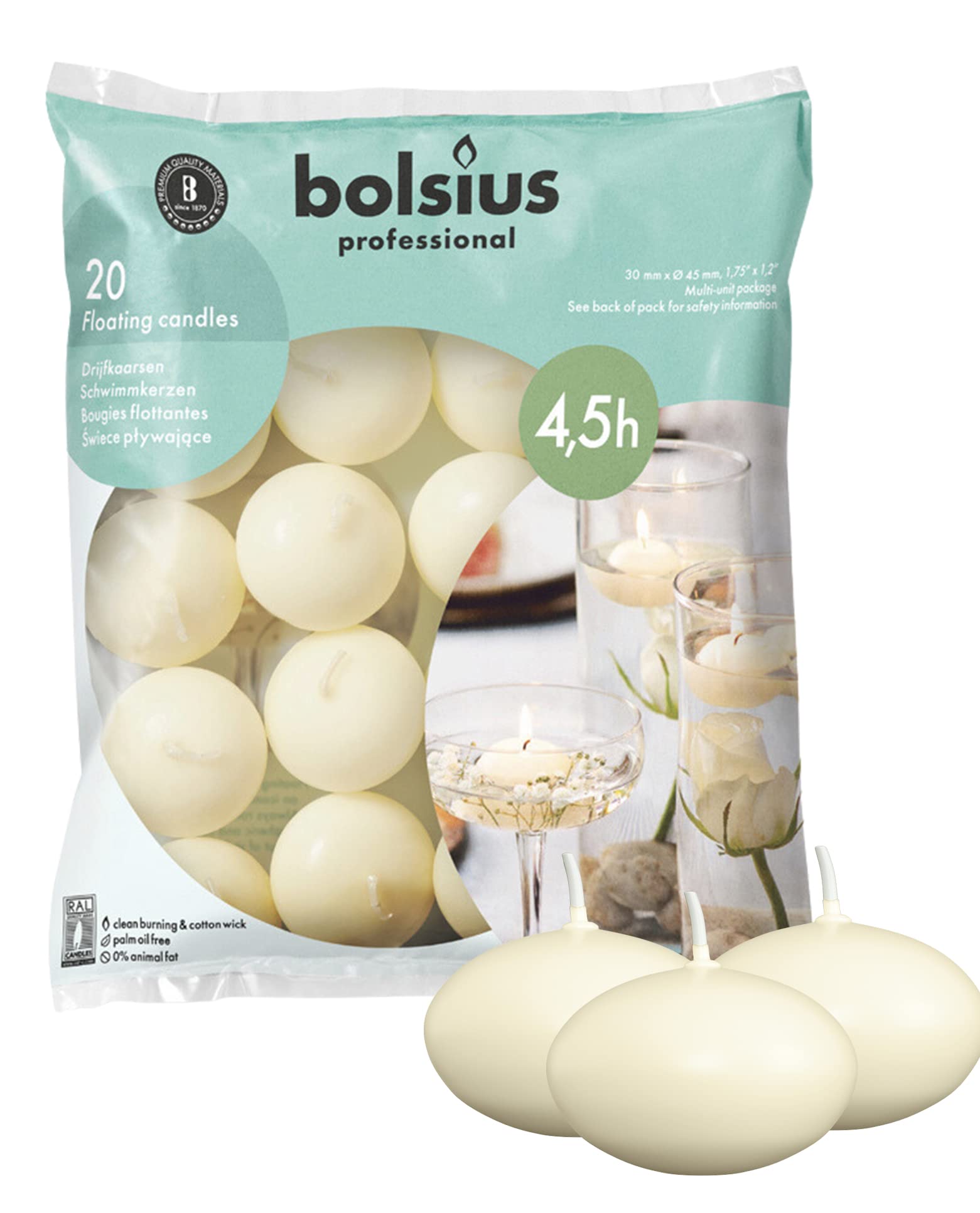 BOLSIUS Unscented Floating Candles - Pure Rich Creamy Ivory, 20 Set - Smokeless, European Quality - Imbue Breathtaking Ambiance for Romantic Wedding Centerpieces, Decorations, Events, Holiday Parties